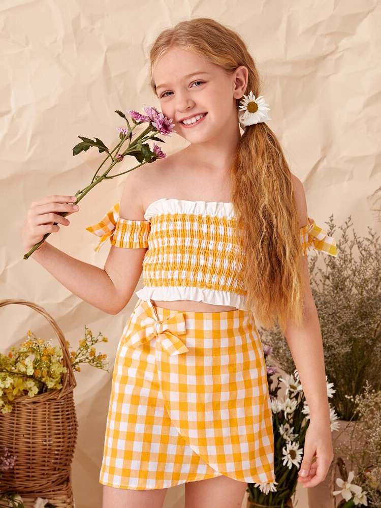 Off the Shoulder Yellow Short Sleeve Girls Clothing 339