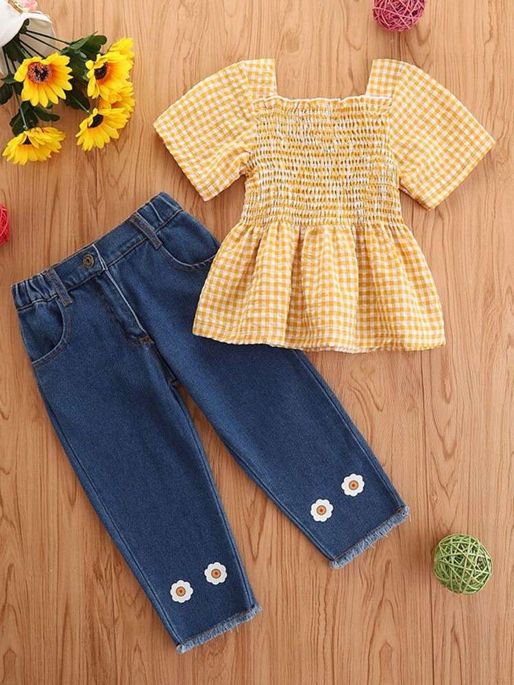  Slim Fit Square Neck Plaid Kids Clothing 1219