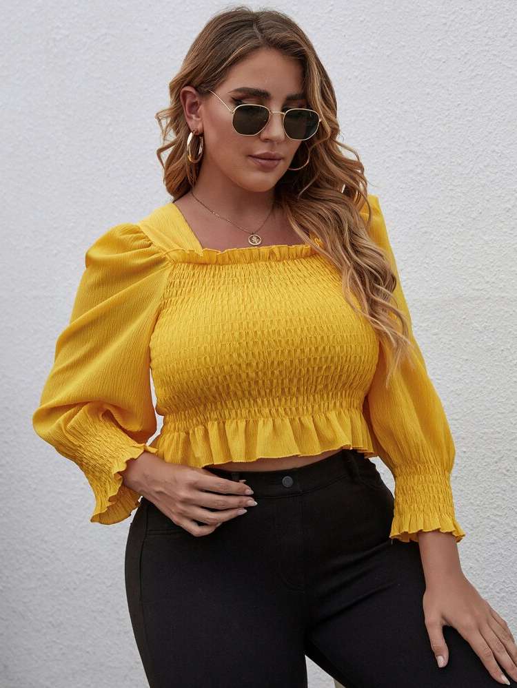  Yellow Boho Crop Plus Size Blouses 786