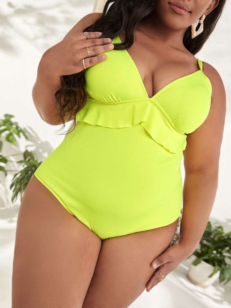 Yellow Plain Spaghetti Strap Plus Size One-Pieces 2002