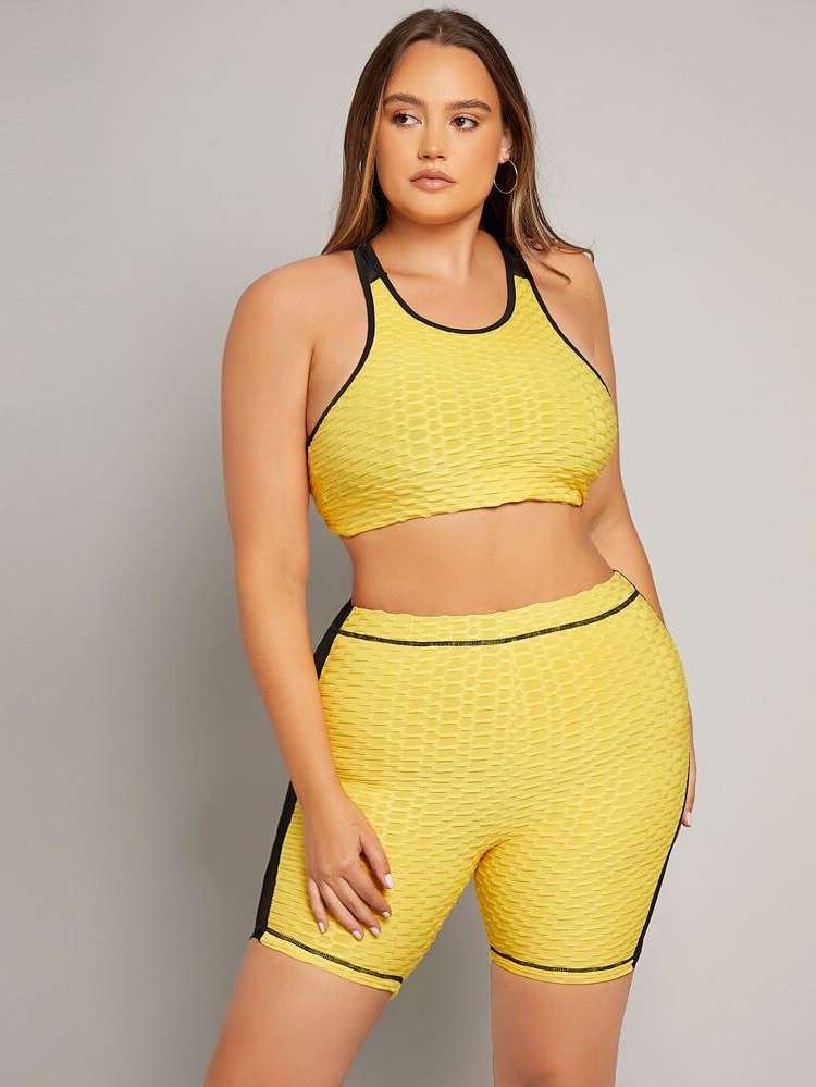  Colorblock Contrast Mesh Scoop Neck Women Plus Activewear 2974