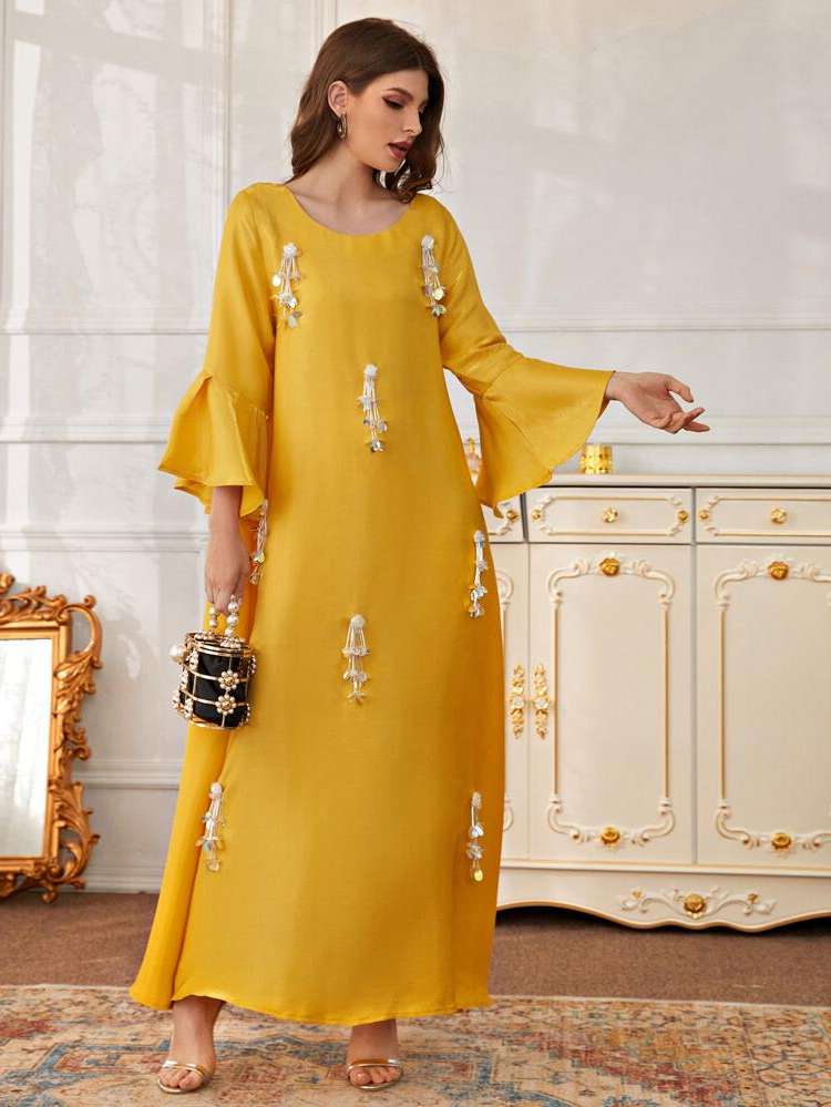 Yellow Three Quarter Length Sleeve Round Neck Modest Arabian Wear 6192