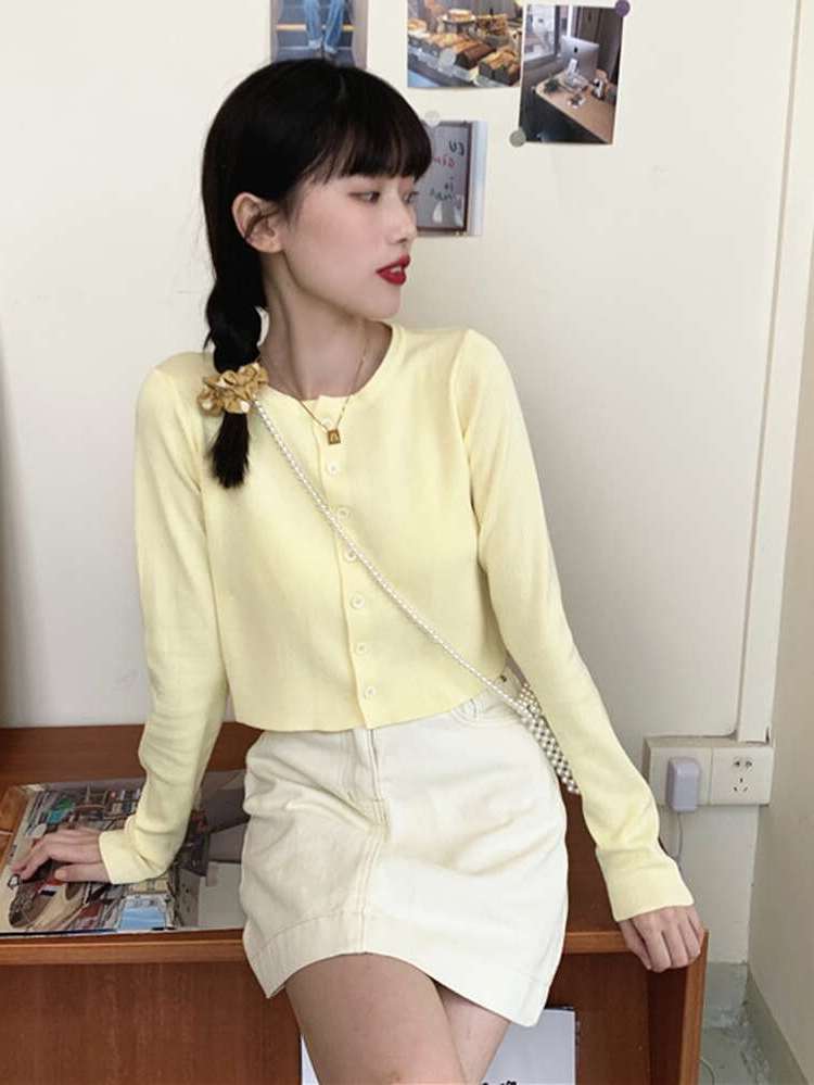  Yellow Round Neck Casual Women Cardigans 9107