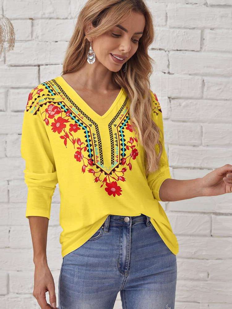 Regular Fit Yellow Floral Women Clothing 447