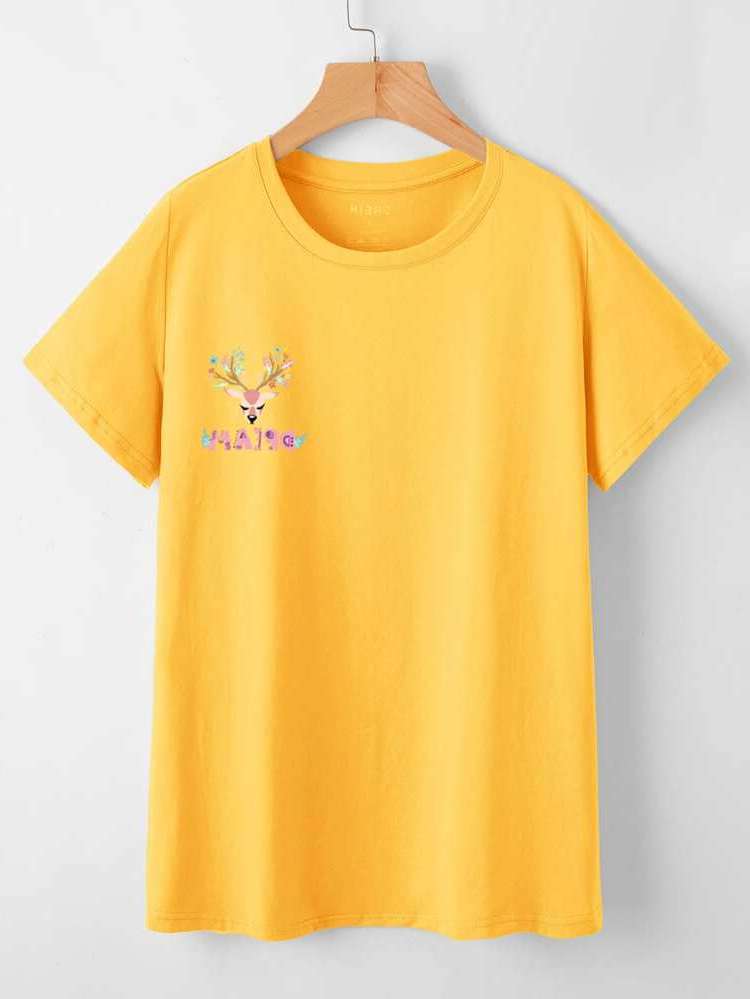 Yellow Round Neck Regular Fit Women T-Shirts 5107