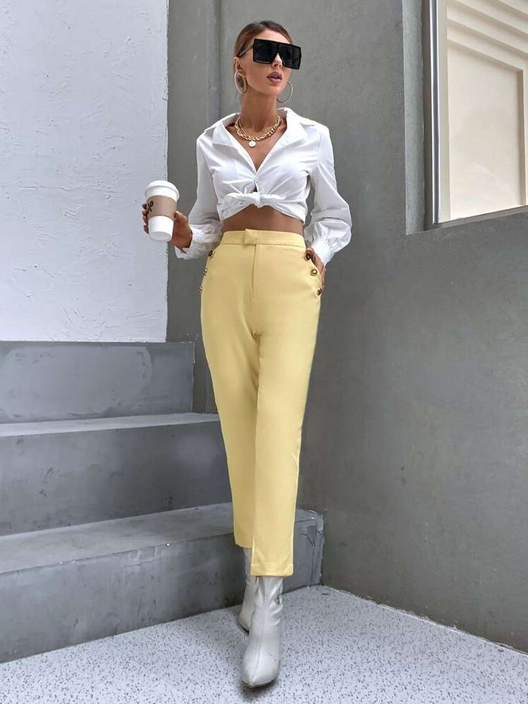  Pocket Yellow Plain Women Suit Pants 7285