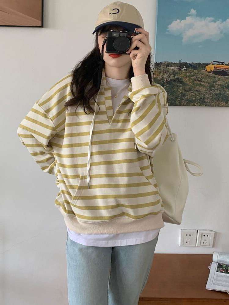  Long Sleeve Yellow Drawstring Women Sweatshirts 380