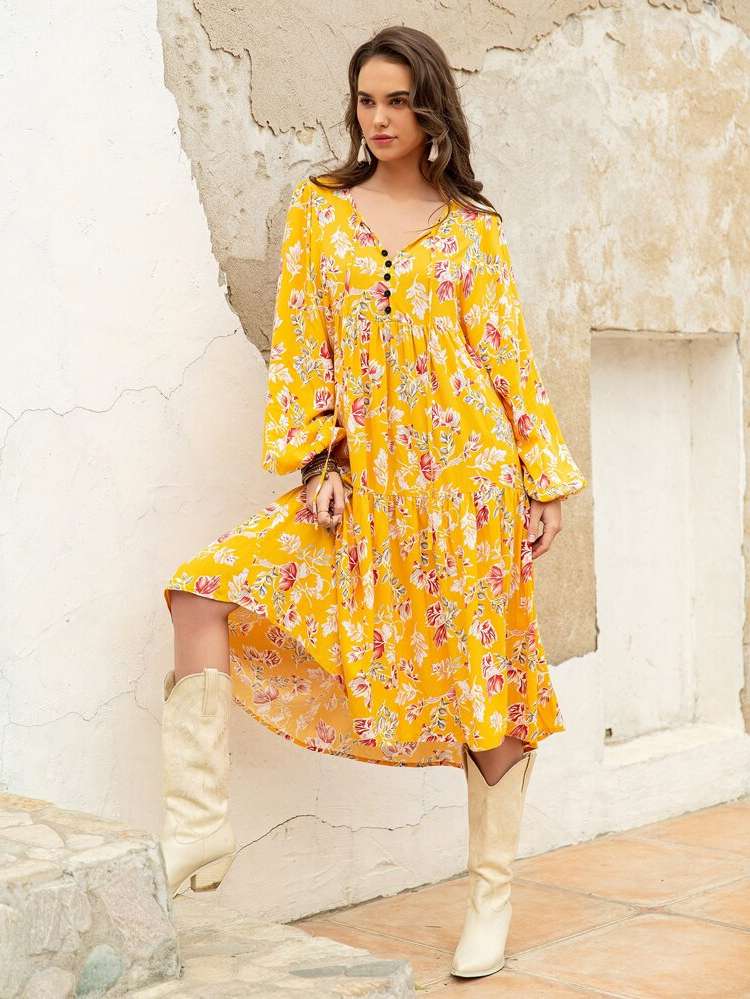 Button Front Boho Long Sleeve Women Dresses 5415