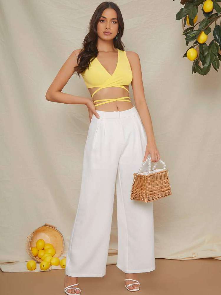 Crop Yellow V neck Women Tops, Blouses  Tee 235