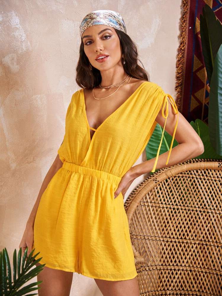 Knot Yellow Sleeveless Regular Fit Women Jumpsuits 5862