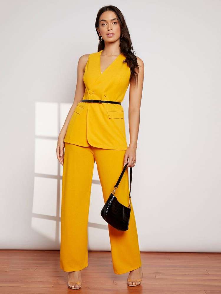  Sleeveless Yellow Double Button Women Suits 99