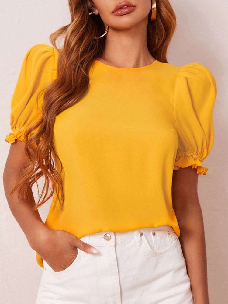 Yellow Round Neck Frill Women Tops, Blouses  Tee 586