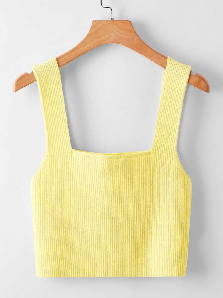 Crop Casual Yellow Rib-Knit Women Clothing 8539