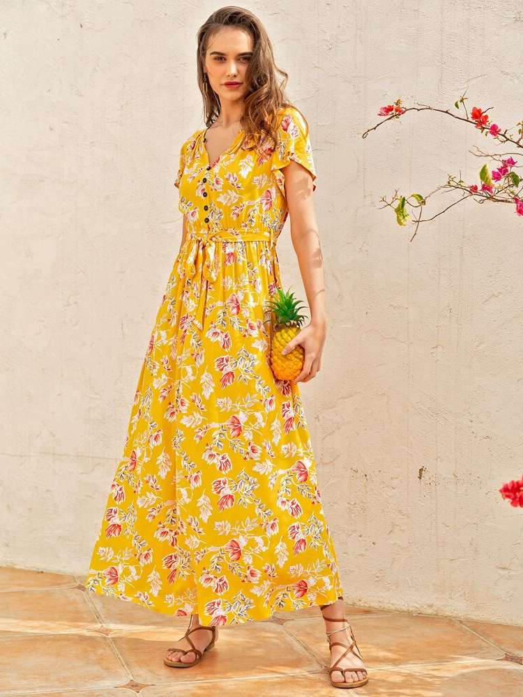 V neck Yellow Belted Boho Women Dresses 5251