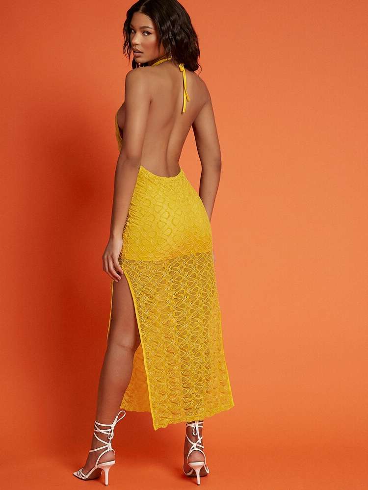 Halter Yellow Sleeveless Women Dresses 467