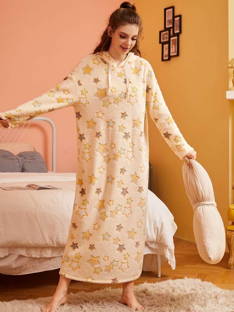  Hooded Geometric Long Sleeve Women Nightgowns  Sleepshirts 196