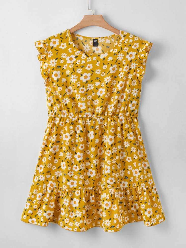  Regular Fit Floral Yellow Plus Size Dresses 382