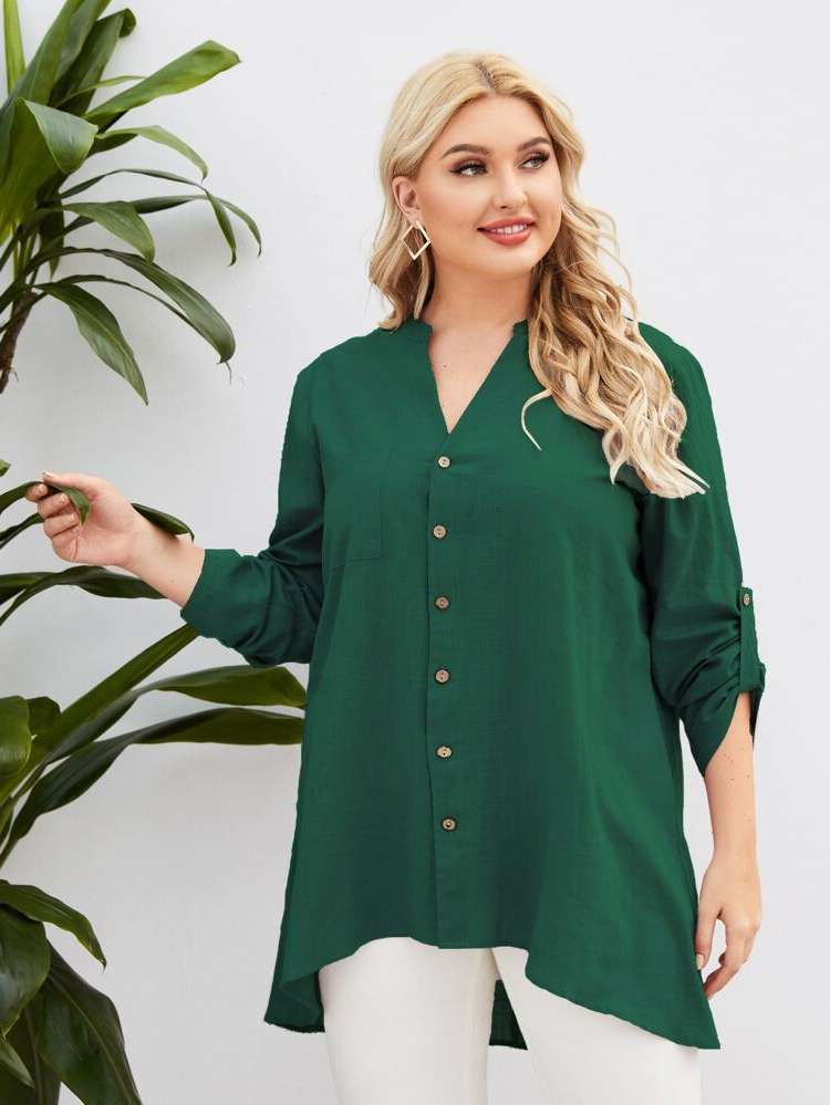 Plain Notched Regular Fit Long Plus Size Blouses 5190