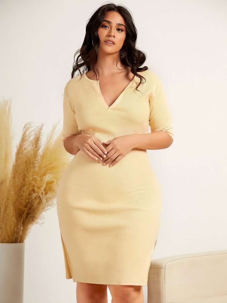 Half Sleeve Plain Yellow Elegant Women Plus Clothing 1653