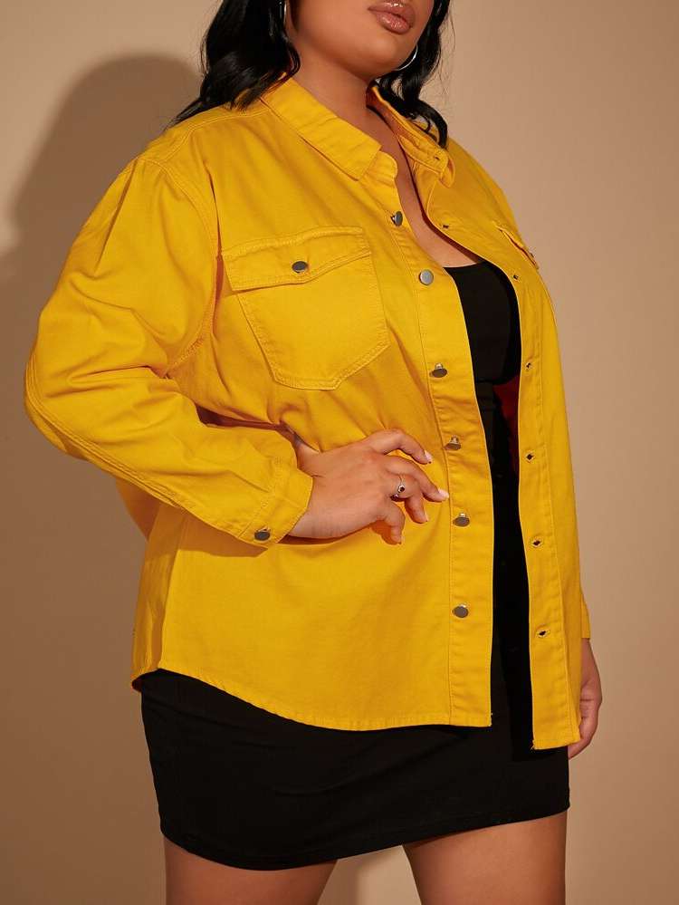 Long Sleeve Yellow Regular Fit Casual Plus Size Denim Tops 8432