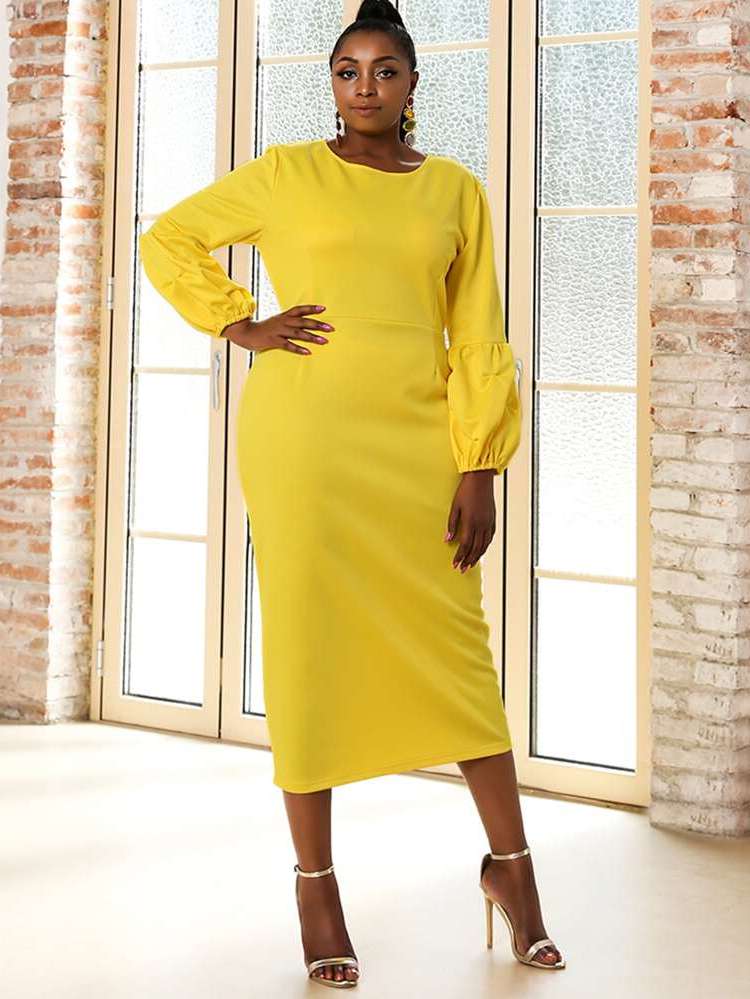 Regular Fit Plain Elegant Yellow Plus Size Dresses 6850