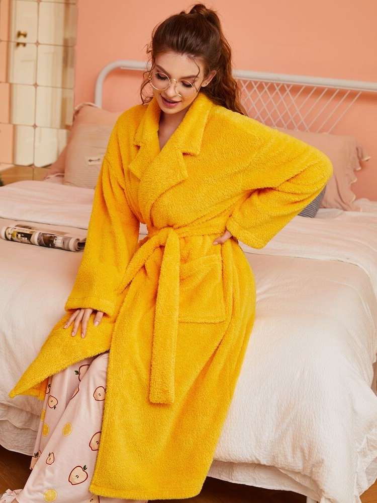 Long Sleeve Belted Yellow Women Sleep  Lounge 6196